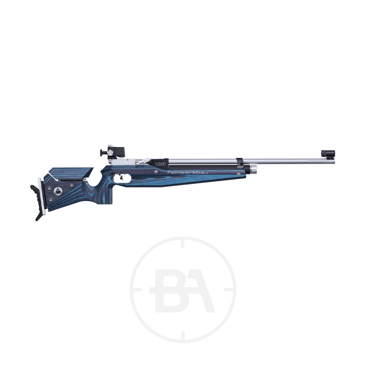 Feinwerkbau 800 Junior Match Target Rifle 3 Side view of a Feinwerkbau match target rifle with a blue and silver design, adjustable components, and a long barrel on a white background.