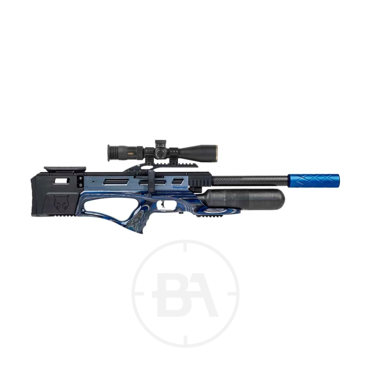 Daystate Alpha Wolf PCP Air Rifle 7 The Alpha Wolf PCP Air Rifle boasts a sleek blue and black design, complete with a mounted scope and cylindrical barrel component, all set against a crisp white background.