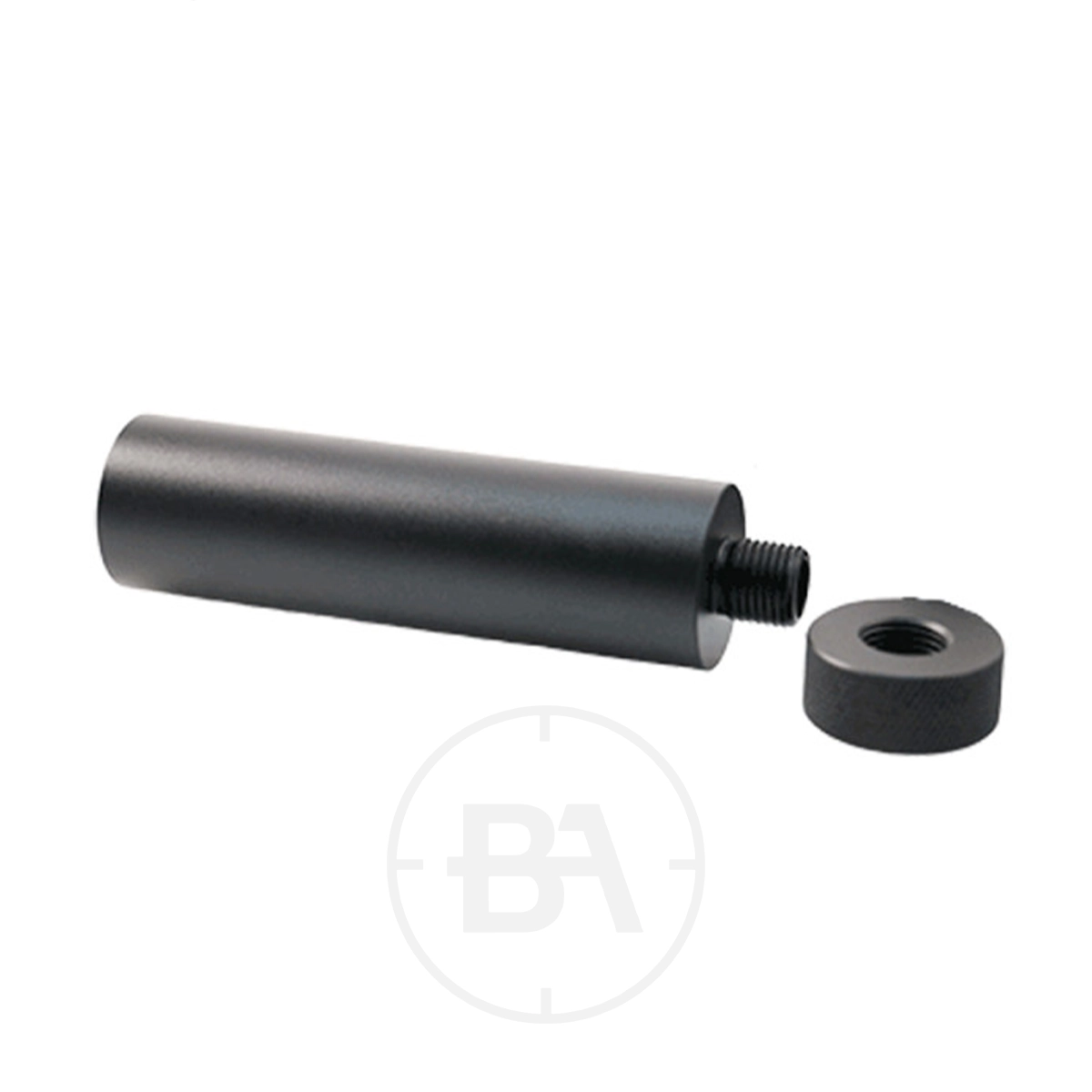 DonnyFL FX Bobcat 1/2"x20 UNF Shroud Extender 1 The FX Airguns Bobcat 1/2"x20 UNF Shroud Extender by DonnyFL, made of black metal, is shown with its knurled thread protector cap removed and placed beside it on a white background.