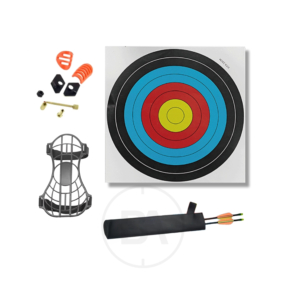 EK Archery Chameleon Youth Bow Bundle 5 The EK Archery Chameleon Youth Bow Bundle comes with a target face, finger savers, screws, a face guard, and a quiver with arrows—all displayed on a white background.