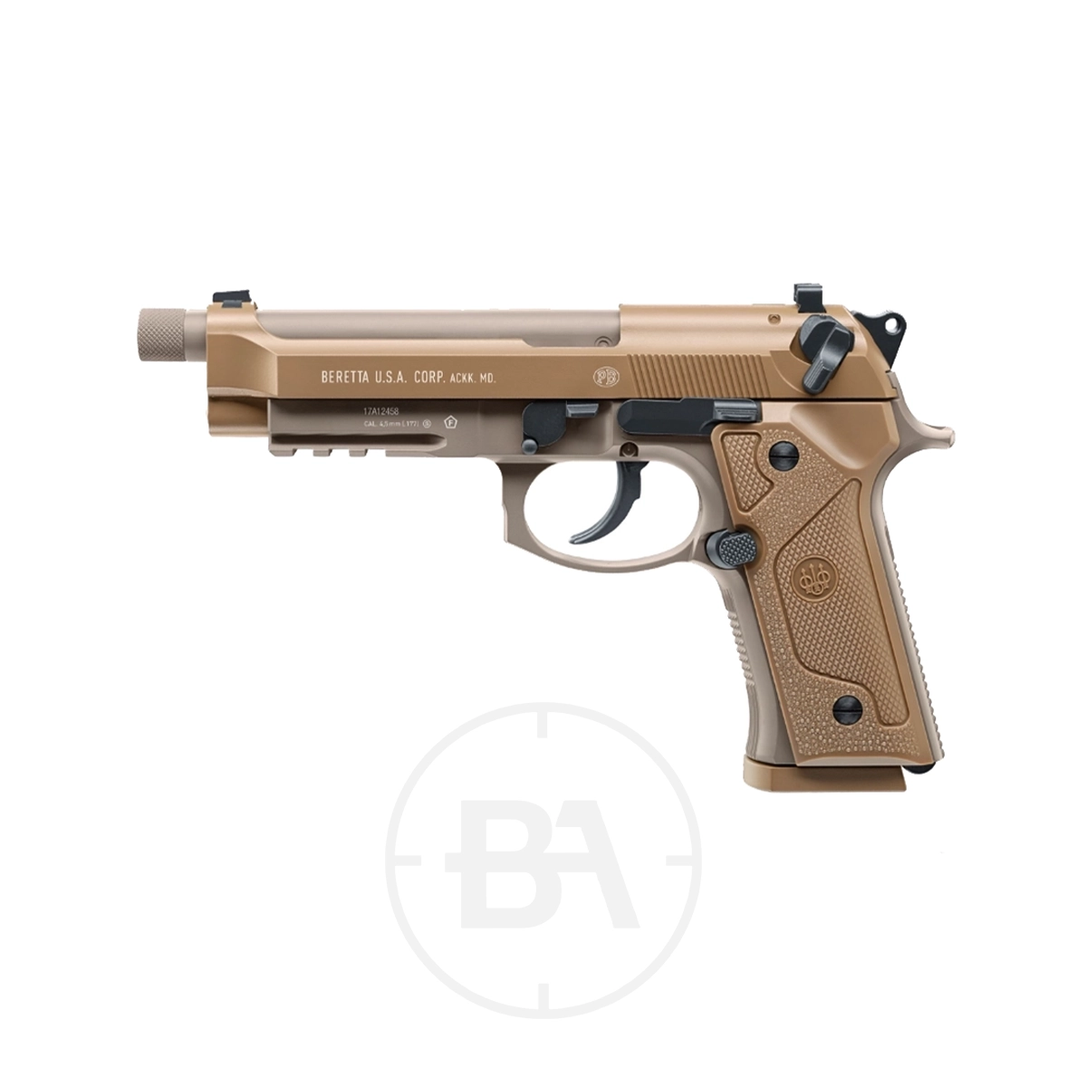 Beretta M9A3 FM CO2 BB Pistol 1 A tan Beretta M9A3 CO2 Pistol Full Metal with a textured grip, exposed barrel, and safety lever is displayed in side profile on a white background.