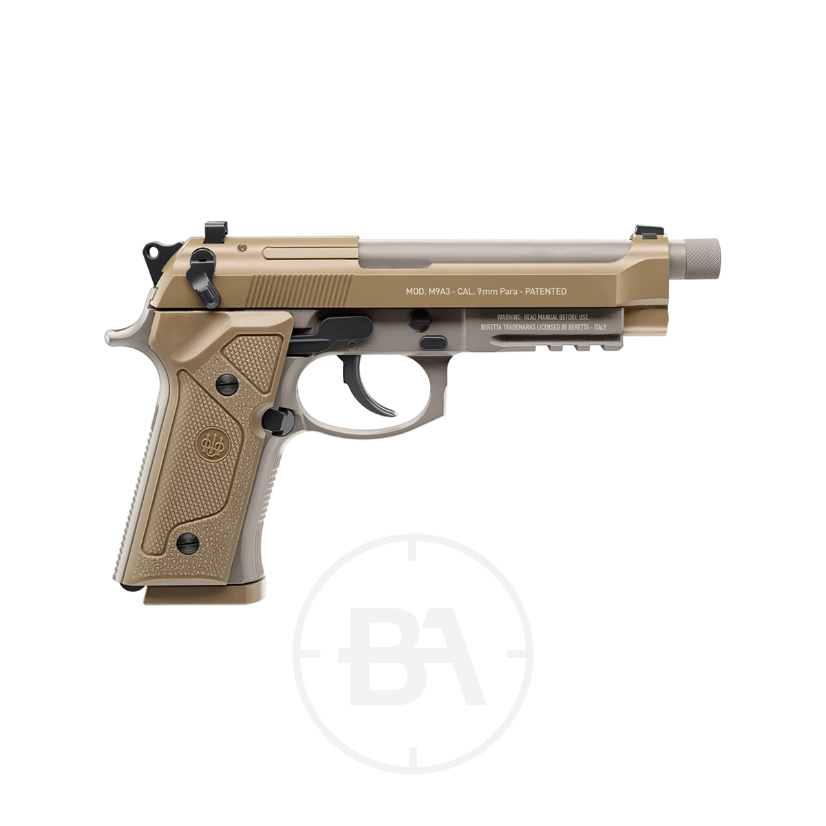 Beretta M9A3 FM CO2 BB Pistol 3 The Beretta M9A3 CO2 Pistol Full Metal in tan is shown in side profile against a white background.