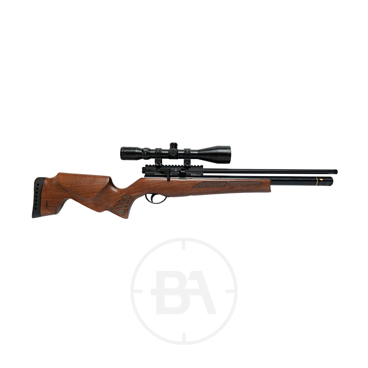 BSA Buccaneer Pro Regulated PCP Air Rifle 3 The BSA Buccaneer Pro .177 PCP Air Rifle features a smooth brown wooden stock, black barrel, mounted scope, and padded shoulder rest, all displayed on a white background.