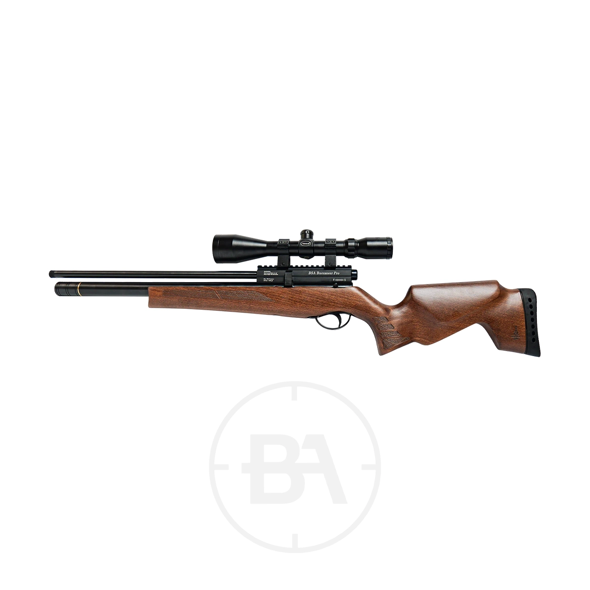 BSA Buccaneer Pro Regulated PCP Air Rifle 7 The BSA Buccaneer Pro Regulated PCP Air Rifle features a wooden stock and an attached scope, shown against a plain white background.