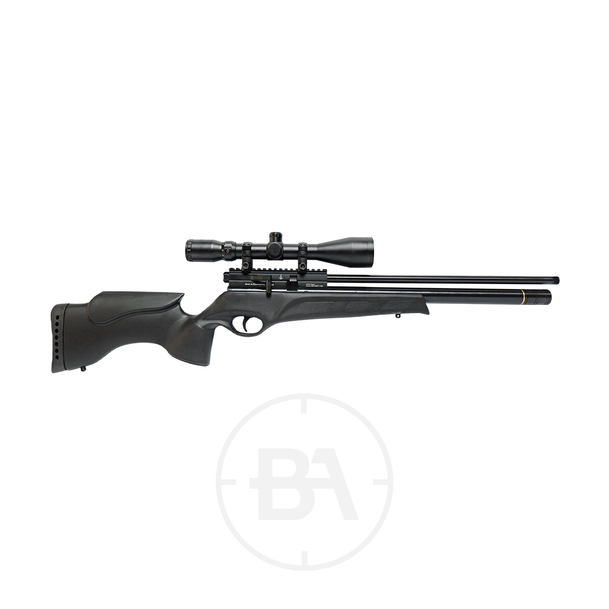 BSA Buccaneer Pro Regulated PCP Air Rifle 1 A black BSA Buccaneer Pro PCP air rifle with a scope fitted, featuring a thumbhole stock and a long .177 barrel, displayed on a white background.