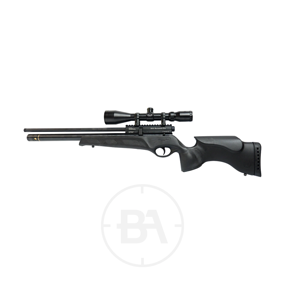 BSA Buccaneer Pro Regulated PCP Air Rifle 5 A BSA Buccaneer Pro Regulated PCP Air Rifle with a mounted scope, long barrel, and thumbhole stock is shown on a plain white background.