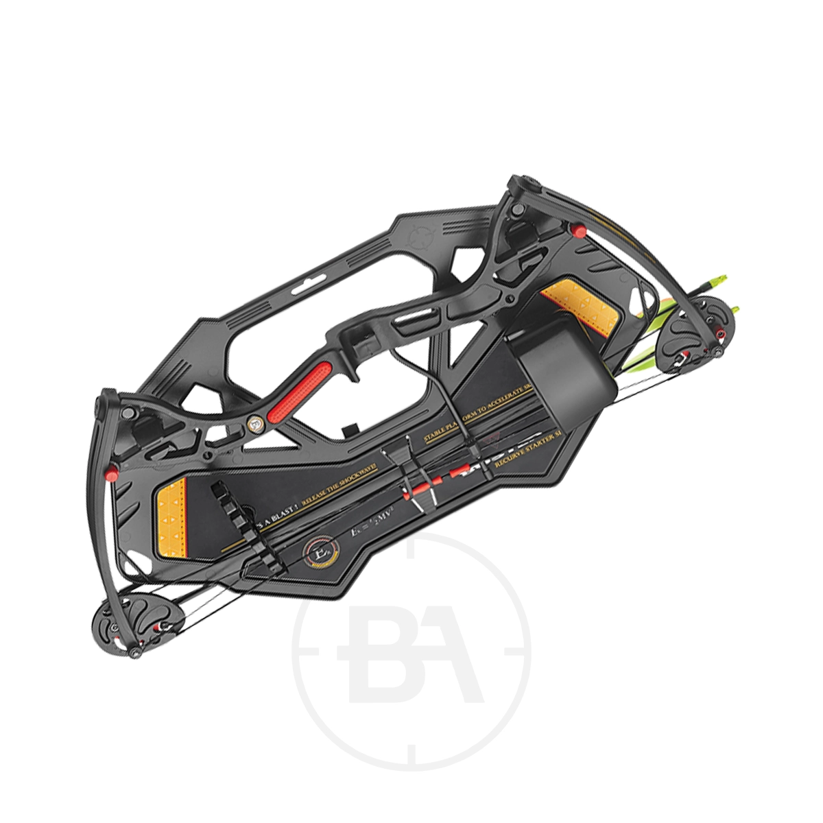 EK Archery Buster Compound Bow Bundle 11 A modern EK Archery black and orange compound bow with an arrow loaded, viewed from above against a white background—an ideal addition to any archery bundle.