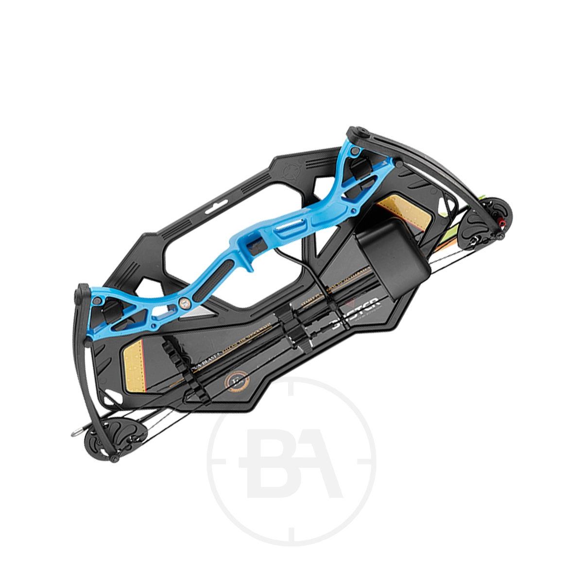 EK Archery Buster Compound Bow Bundle 9 A modern EK Archery black and blue compound bow with attached arrow rest and sight, displayed against a white background.