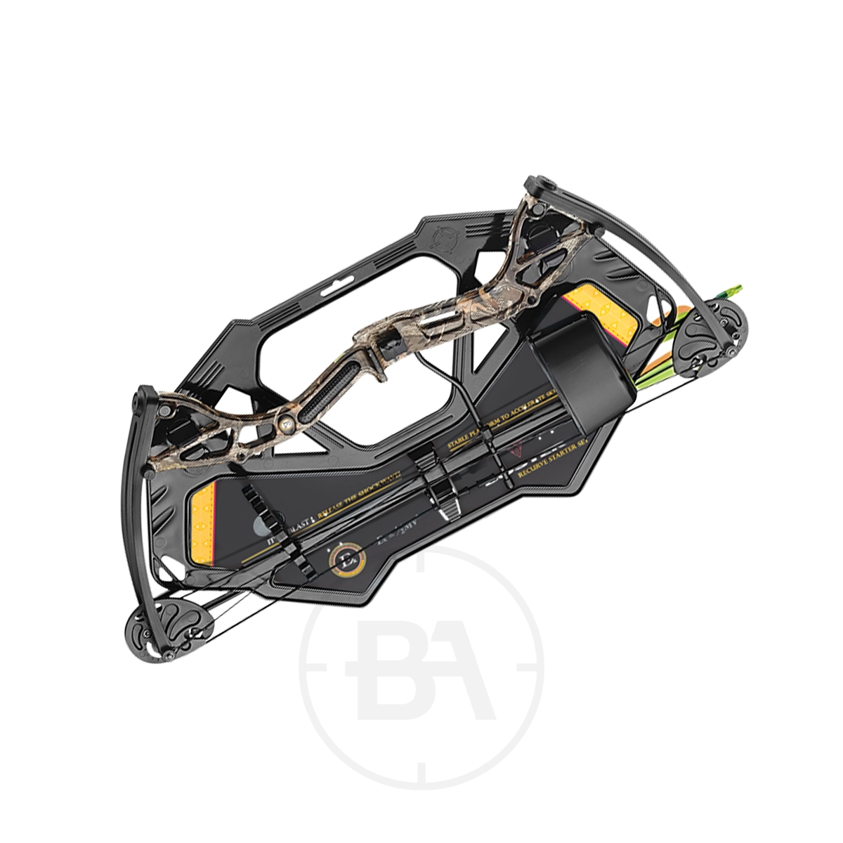 EK Archery Buster Compound Bow Bundle 3 A black and yellow compound bow, perfect for any archery bundle.