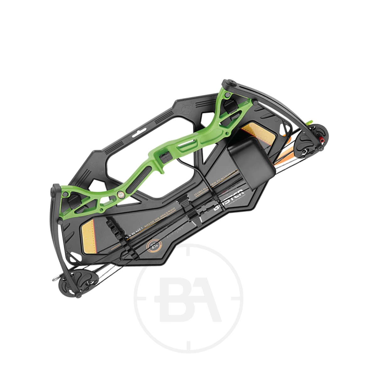 EK Archery Buster Compound Bow Bundle 7 A modern EK Archery compound bow with a black and green frame, featuring dual cam pulleys and a central grip, photographed on a white background.