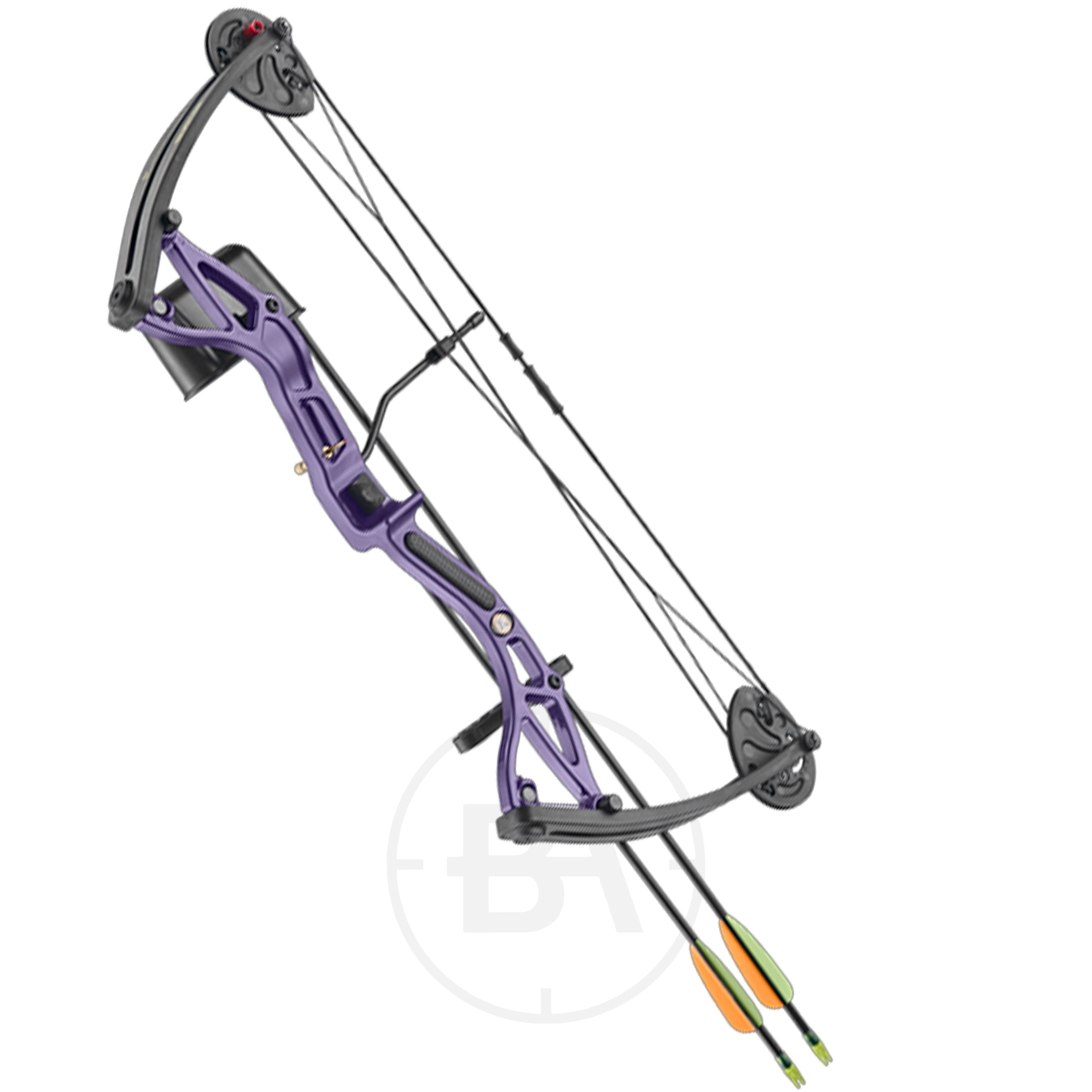 EK Archery Buster Compound Bow Bundle 1 The EK Archery Buster Compound Bow Bundle features a modern metallic purple frame and comes with two arrows, displayed on a white background.