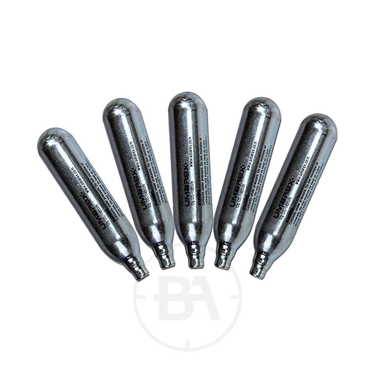 Umarex 12G CO2 Cylinders (x10) 1 Ten silver Umarex CO2 12G cylinders are arranged in a fan shape on a white background, perfect for use with airguns or other Umarex CO2-powered devices.