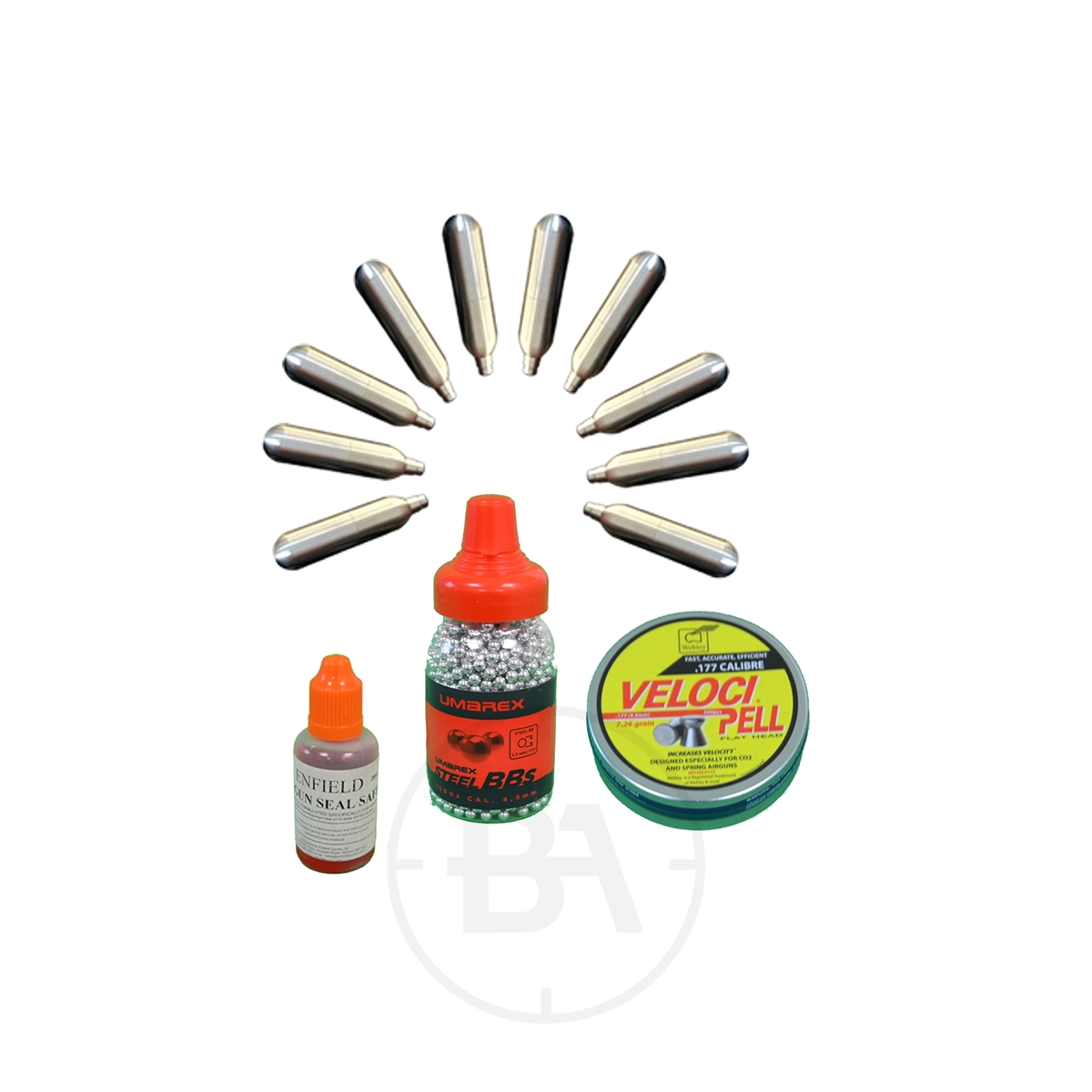 12g CO2 & Dual Ammo Starter Kit: 10x CO2 Cylinders / 4.5mm BBs / .177 Pellets / Seal Safe Lubricant 1 The 12g CO2 & Dual Ammo Starter Kit includes 10 CO2 cylinders, 4.5mm BBs, .177 pellets, and Seal Safe Lubricant arranged on a white background.