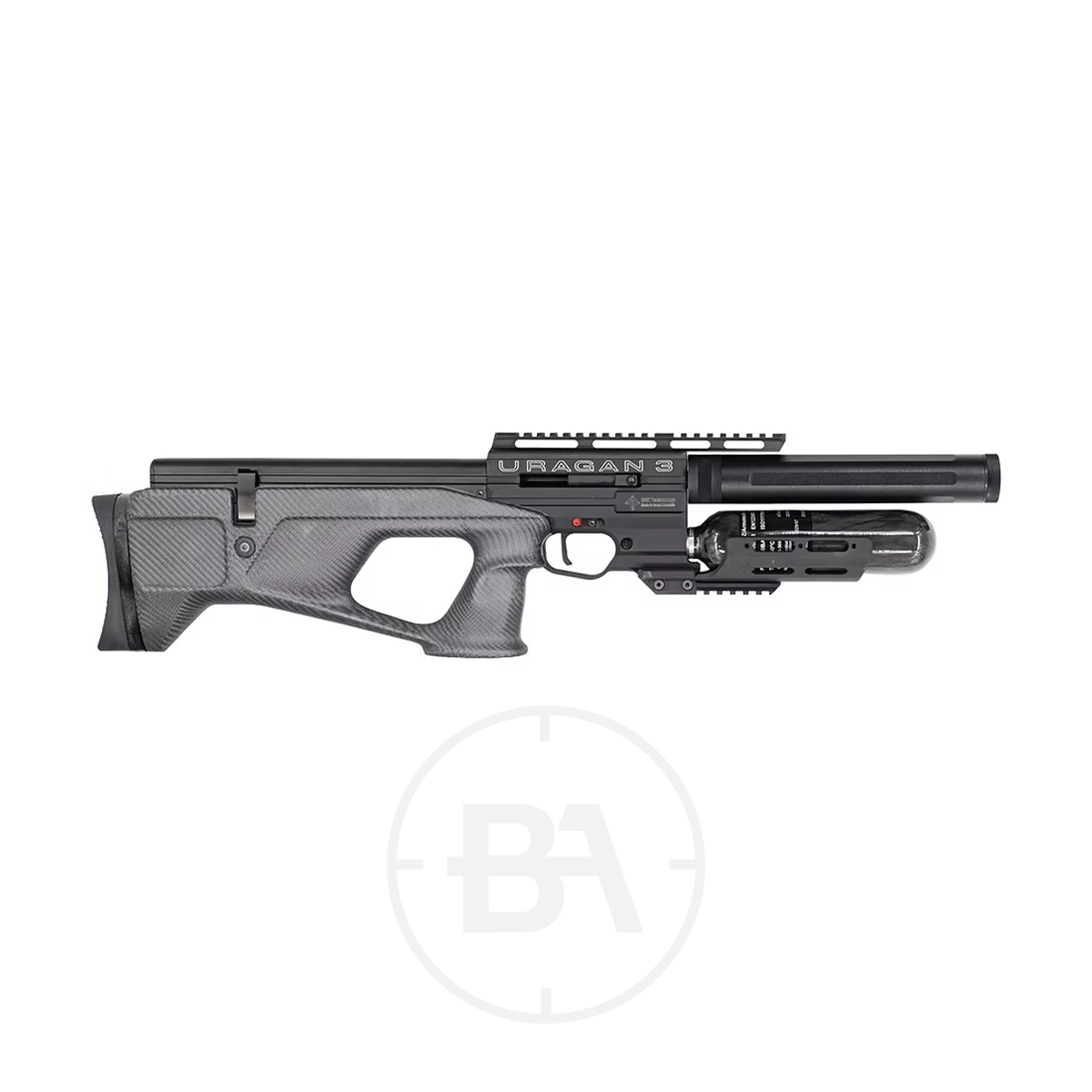 Airgun Technology (AGT) Uragan 3 Bullpup PCP Air Rifle 7 Compact and tactical, the AGT Uragan 3 Bullpup PCP Air Rifle in .177 features a short black design with an integrated rail and bullpup stock, showcased on a plain white background.