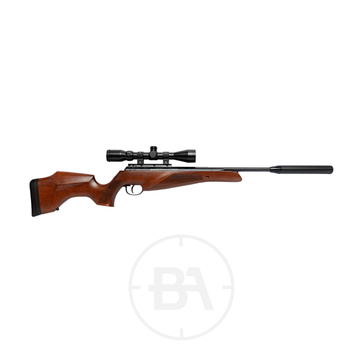BSA Lightning CLX Spring Air Rifle 1 The BSA Lightning CLX spring air rifle features a sleek wooden stock, a precision scope, and a long barrel, all set against a plain white background. This .177 caliber rifle is designed for accuracy and elegance in every shot.
