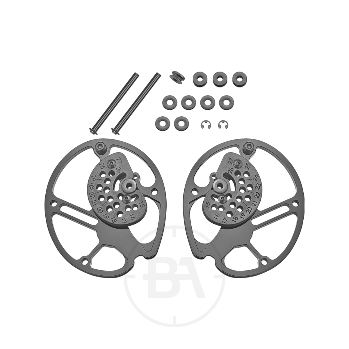EK Archery Anvil Cam Upgrade Set 1 Two circular metal components with holes, plus screws, washers, nuts, and small hardware from the EK Archery Anvil Cam Upgrade Set, arranged on a white background.