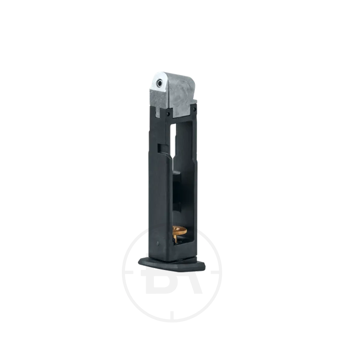 Walther CP99 / Nighthawk / UX CPS CO2 Magazine 1 A black and silver Walther CP99/Nighthawk/UX CPS CO2 Magazine, featuring a visible spring and a single brass-coloured cartridge, stands upright against a plain white background.