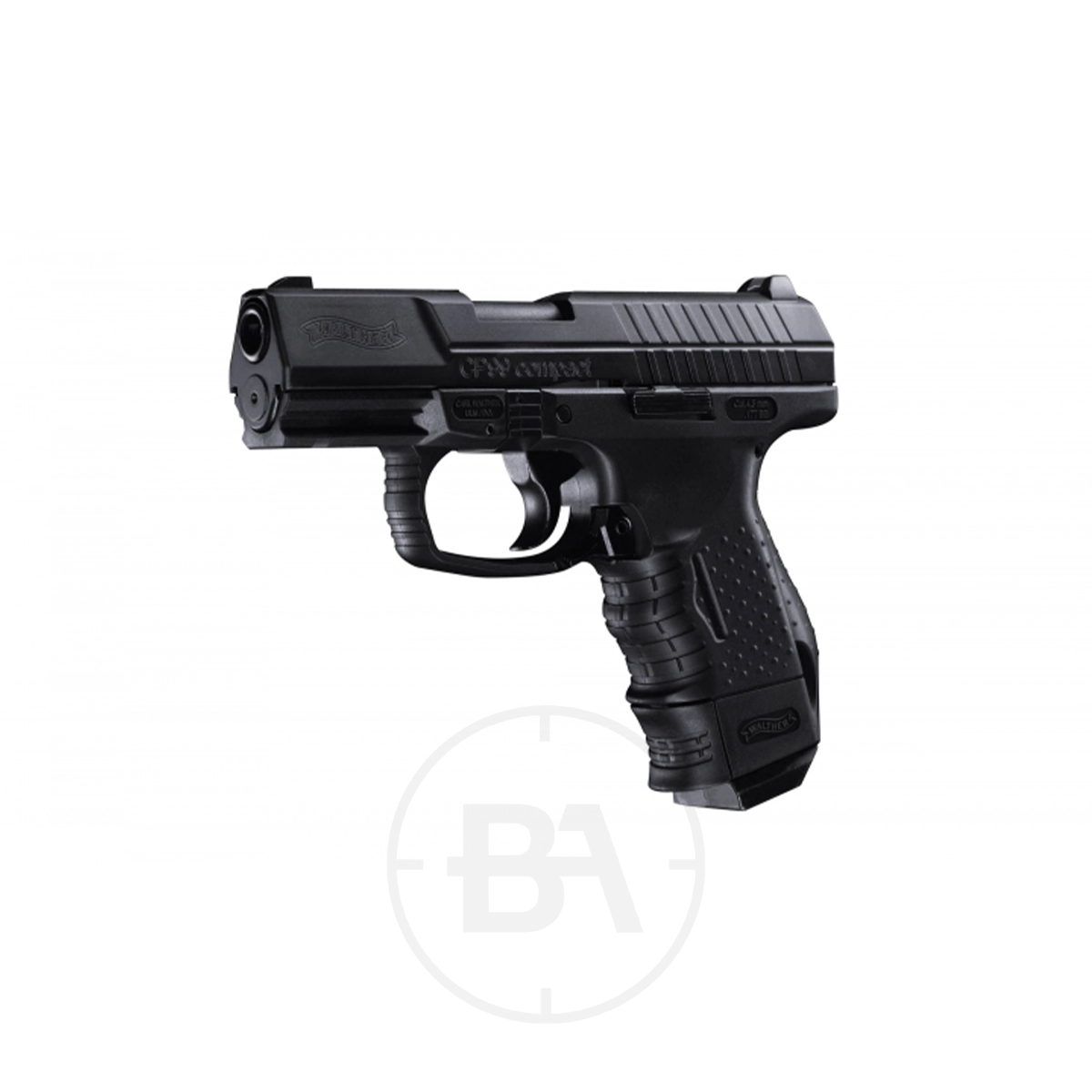 Walther CP99 Compact CO2 BB Pistol 3 A Walther CP99 Compact CO2 Pistol Black is shown angled to the left against a white background.