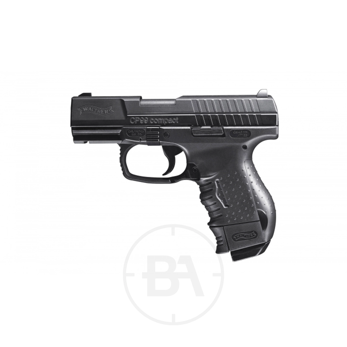 Walther CP99 Compact CO2 BB Pistol 1 The Walther CP99 Compact CO2 Pistol Black is shown in side profile against a white background.