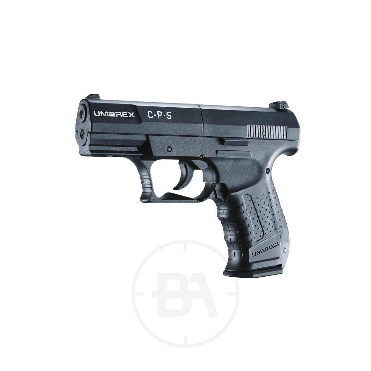 Umarex CPS CO2 Pistol 5 Umarex CPS CO2 Pistol in black, featuring a textured grip, trigger guard, and slide with white markings, shown left side profile on a plain background—perfect for target practice.