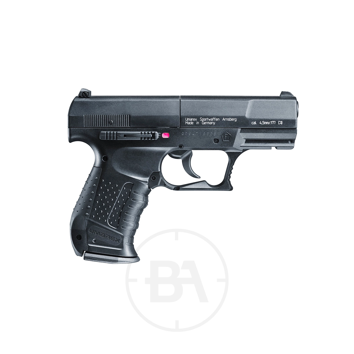Umarex CPS CO2 Pistol 3 A side-profile view of the Umarex CPS CO2 Pistol features a black finish and textured grip, displayed against a white background.
