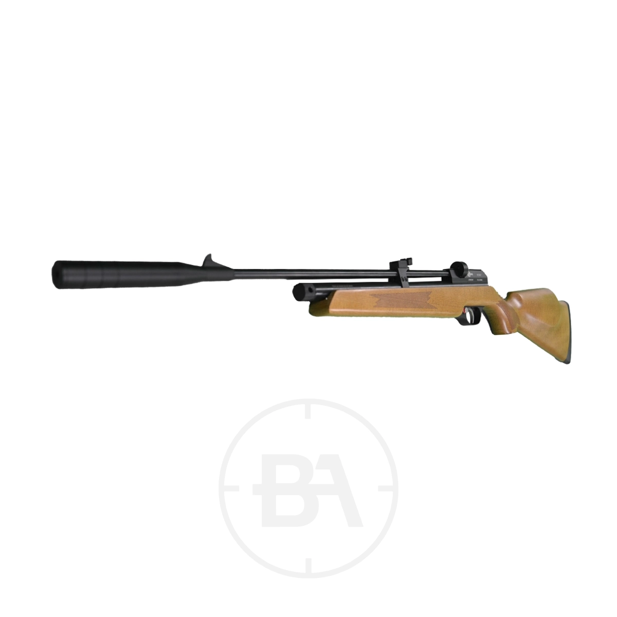 SMK Victory CR600W C02 Air Rifle 7 A SMK Victory CR600W CO2 Air Rifle with a wooden stock, black barrel, and suppressor is displayed in side profile on a white background.