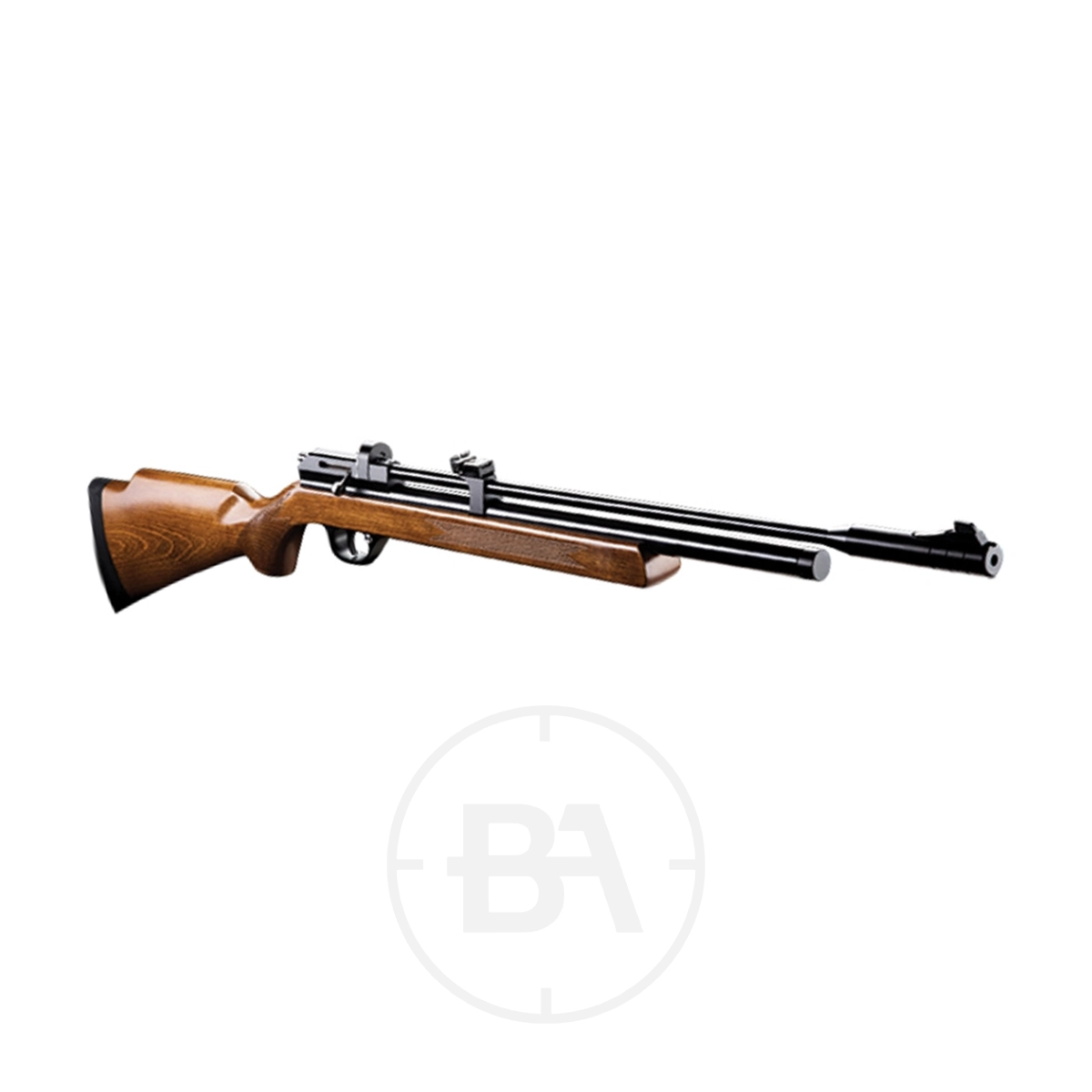 SMK Victory CR600W C02 Air Rifle 3 The SMK Victory CR600W CO2 Air Rifle has a wooden stock, long barrel, and open sights, showcased against a white background.