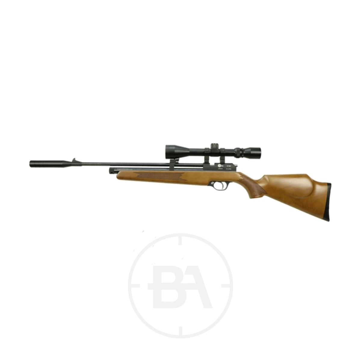 SMK Victory CR600W C02 Air Rifle 5 Side view of the SMK Victory CR600W CO2 Air Rifle, featuring a scope and suppressor, shown against a plain white background.
