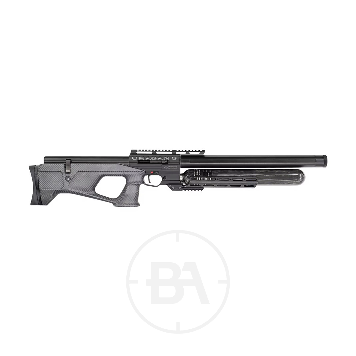 Airgun Technology (AGT) Uragan 3 Bullpup PCP Air Rifle 15 A black, modern PCP Air Rifle with a synthetic thumbhole stock and a long barrel, shown in a side profile on a plain white background—an example of advanced Airgun Technology.