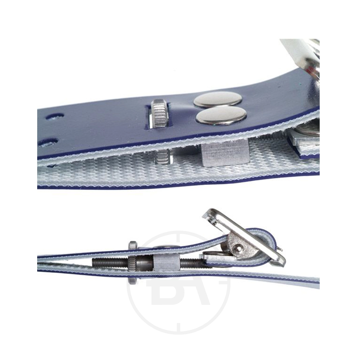 Gehmann Micro-Adjustable Artificial Sling 7 Close-up views of the blue Gehmann Micro-Adjustable Artificial Sling, featuring its tensioning mechanism, bolts, and fasteners from both side and top perspectives.