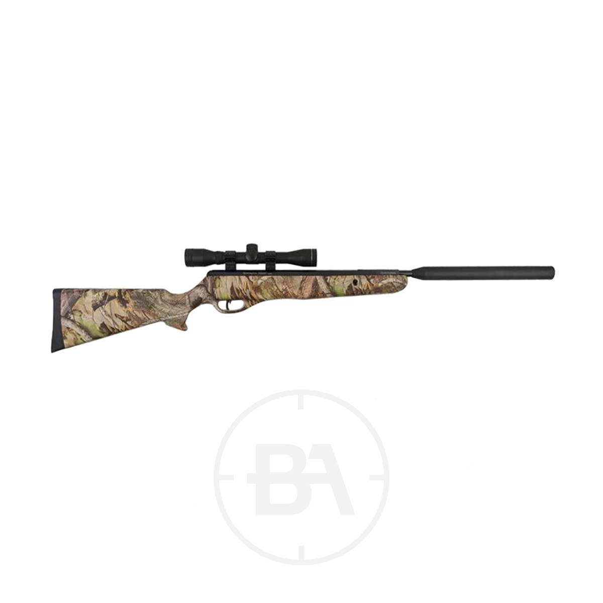 Remington Tyrant Spring Air Rifle With Scope 5 The Remington Tyrant Spring Air Rifle With Scope features a camouflage stock, black scope, and barrel suppressor, displayed against a white background.