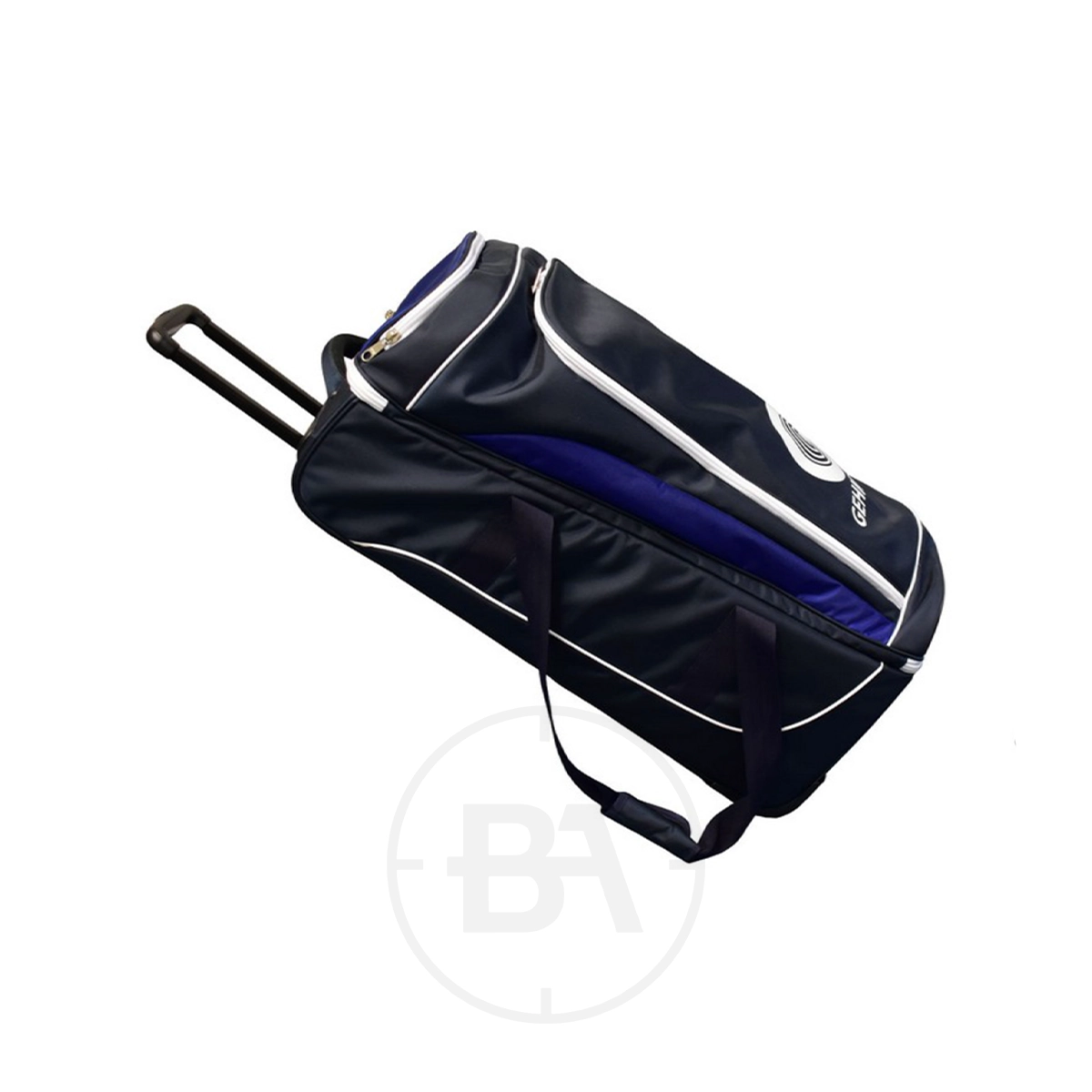 Gehmann Roller Wheel Carry Bag 3 The Gehmann Roller Wheel Carry Bag in black and blue features a retractable handle, white accents, and the Gehmann logo on the side.