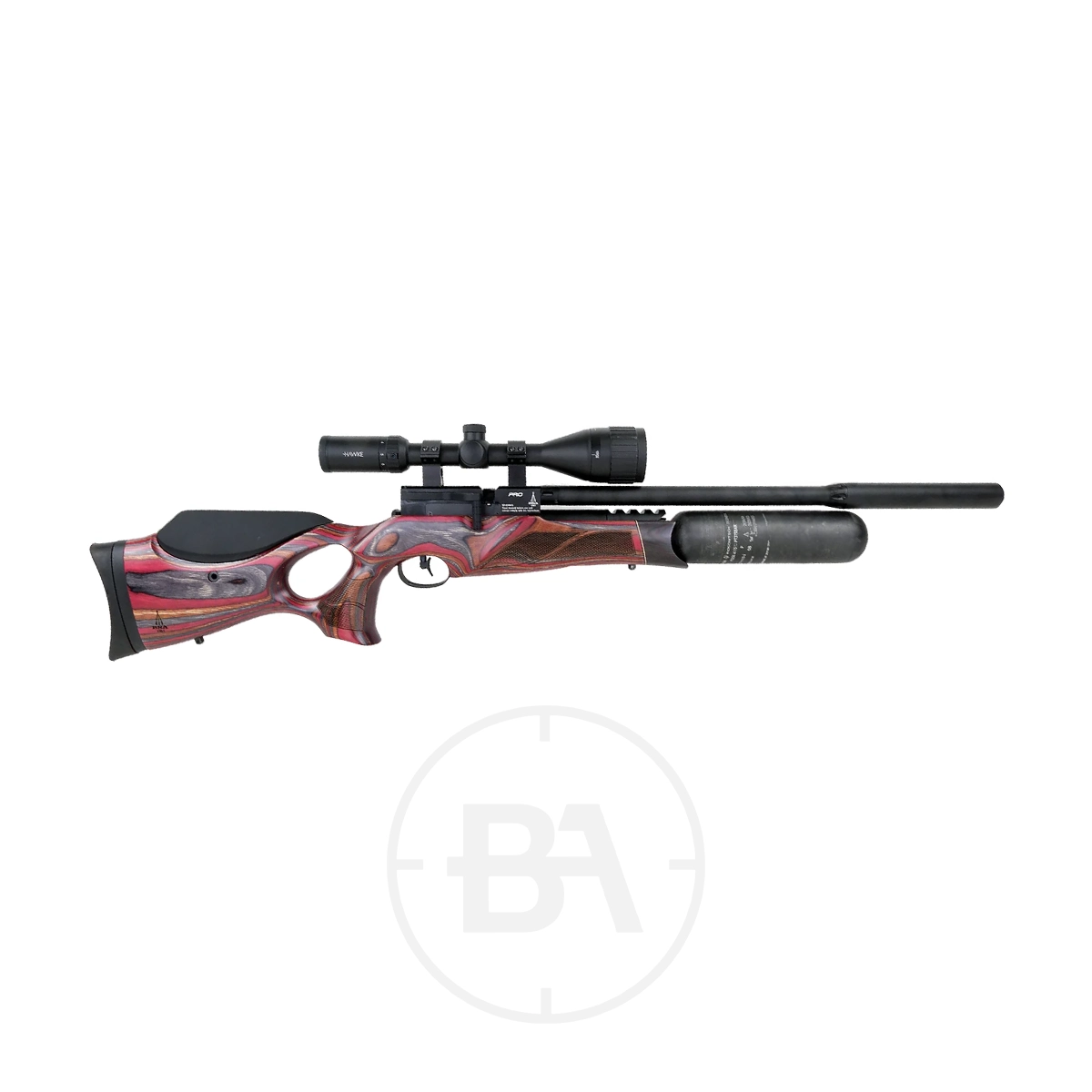 BSA R12 CLX Pro PCP Air Rifle With Hard Case 9 A precision PCP air rifle with a wooden stock, mounted scope, and attached air cylinder is displayed on a white background—perfectly suited for safe transport in its included hard case.