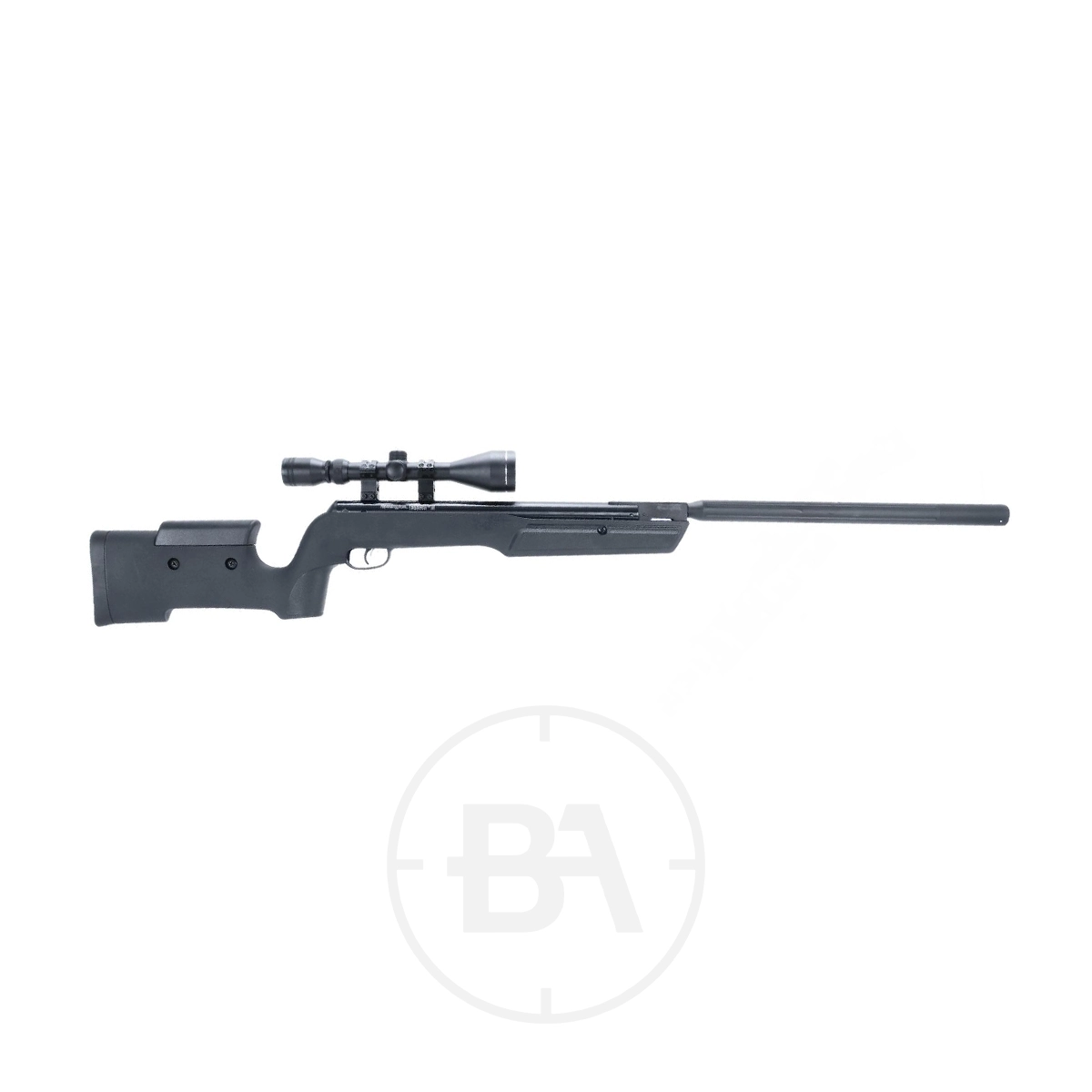 Remington ThunderCeptor Gas Ram Air Rifle Synthetic Stock With Scope 1 A Remington ThunderCeptor Gas Ram Air Rifle with a synthetic stock and mounted scope is shown in side profile against a white background.