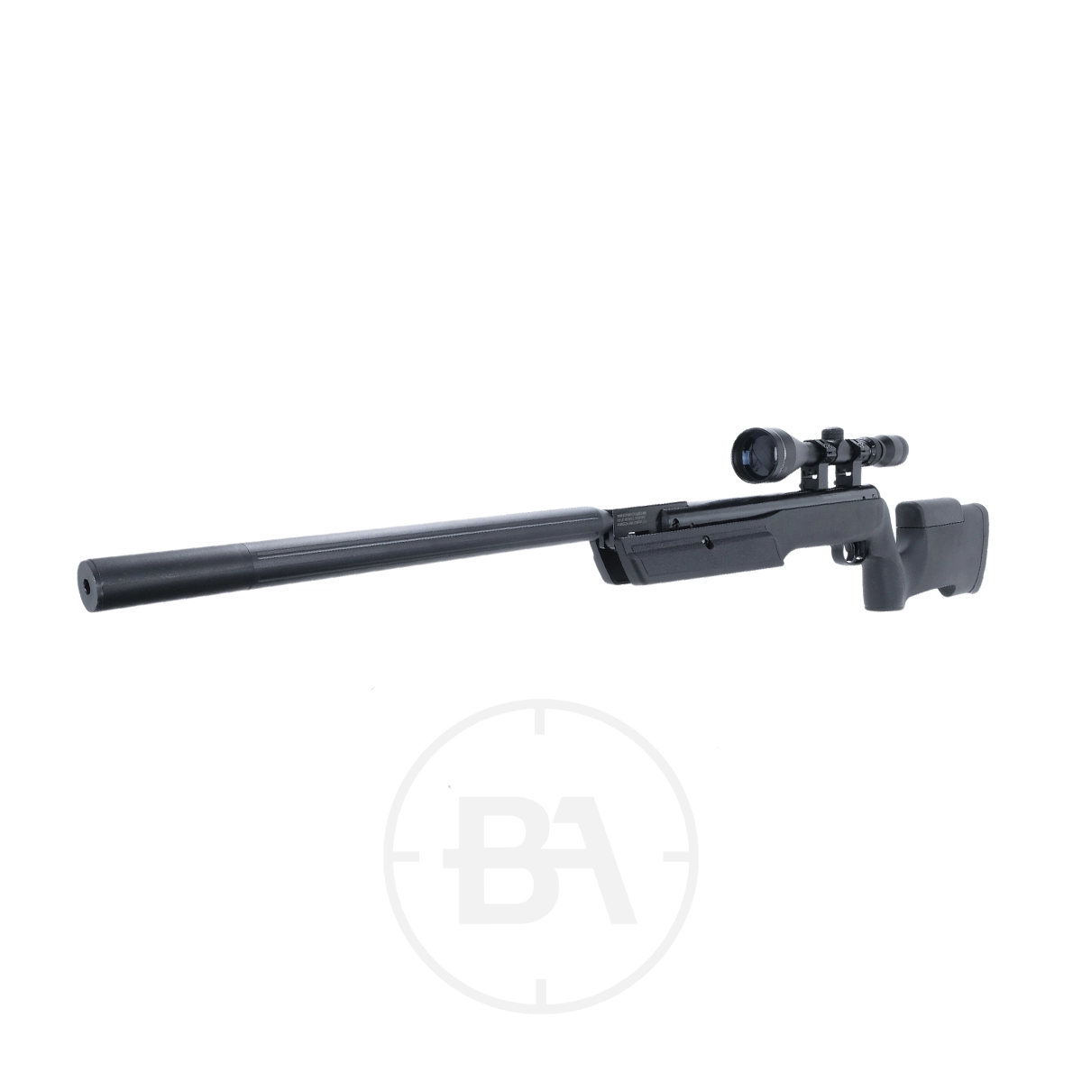 Remington ThunderCeptor Gas Ram Air Rifle Synthetic Stock With Scope 5 A Remington ThunderCeptor Gas Ram Air Rifle with synthetic stock and scope is displayed against a white background.