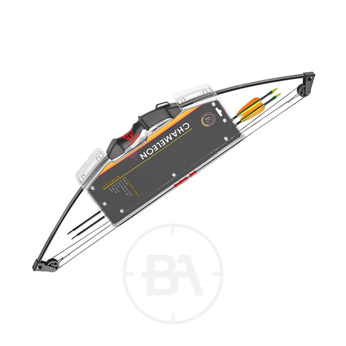 EK Archery Chameleon Youth Bow Bundle 3 A CHAMELEON Youth Bow compound bow with a black and orange handle, three arrows, and a rectangular EK Archery carrying case is displayed on a white background.
