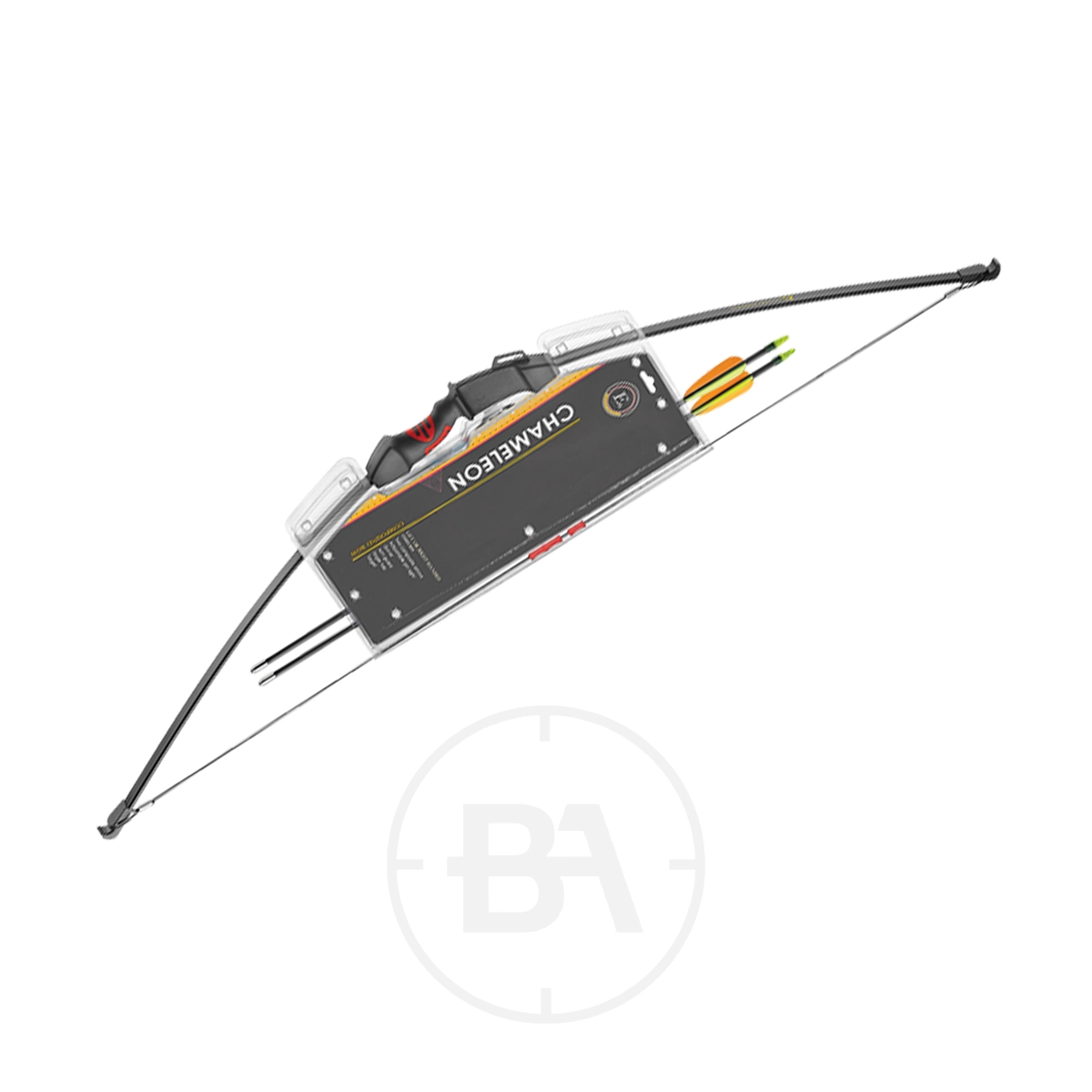EK Archery Chameleon Youth Bow Bundle 1 The EK Archery Chameleon Youth Bow Bundle includes a modern compound bow with a center handle, two arrows, and a rectangular device labeled "CHARGERON"—ideal for archery enthusiasts and youth.