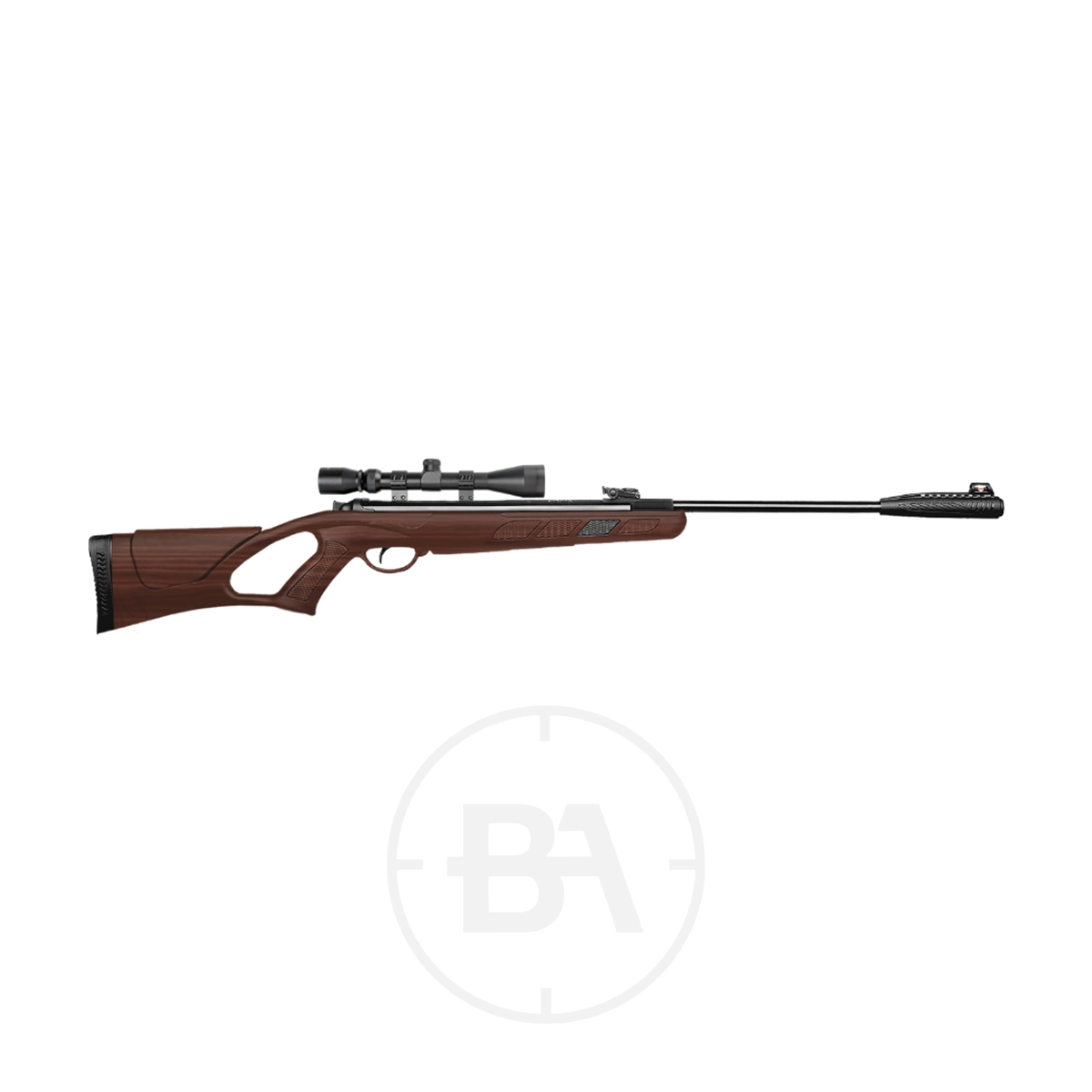Kral Arms Champion Spring Air Rifle .22 9 A .22 Kral Arms spring air rifle with a mounted scope and a synthetic stock, displayed on a white background.