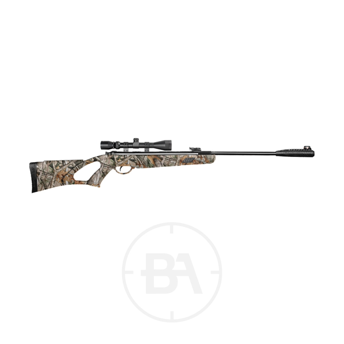 Kral Arms Champion Spring Air Rifle .22 5 A camouflage-patterned Kral Arms Spring Air Rifle in .22 caliber with a mounted scope, viewed from the side against a white background.