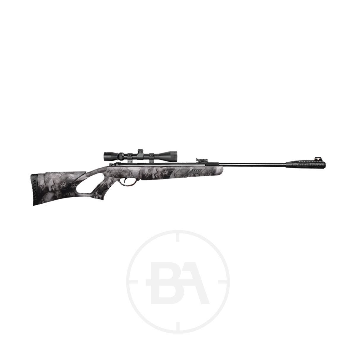 Kral Arms Champion Spring Air Rifle .22 7 A black and gray Kral Arms Spring Air Rifle in .22 caliber, equipped with a scope, rests on a white background.