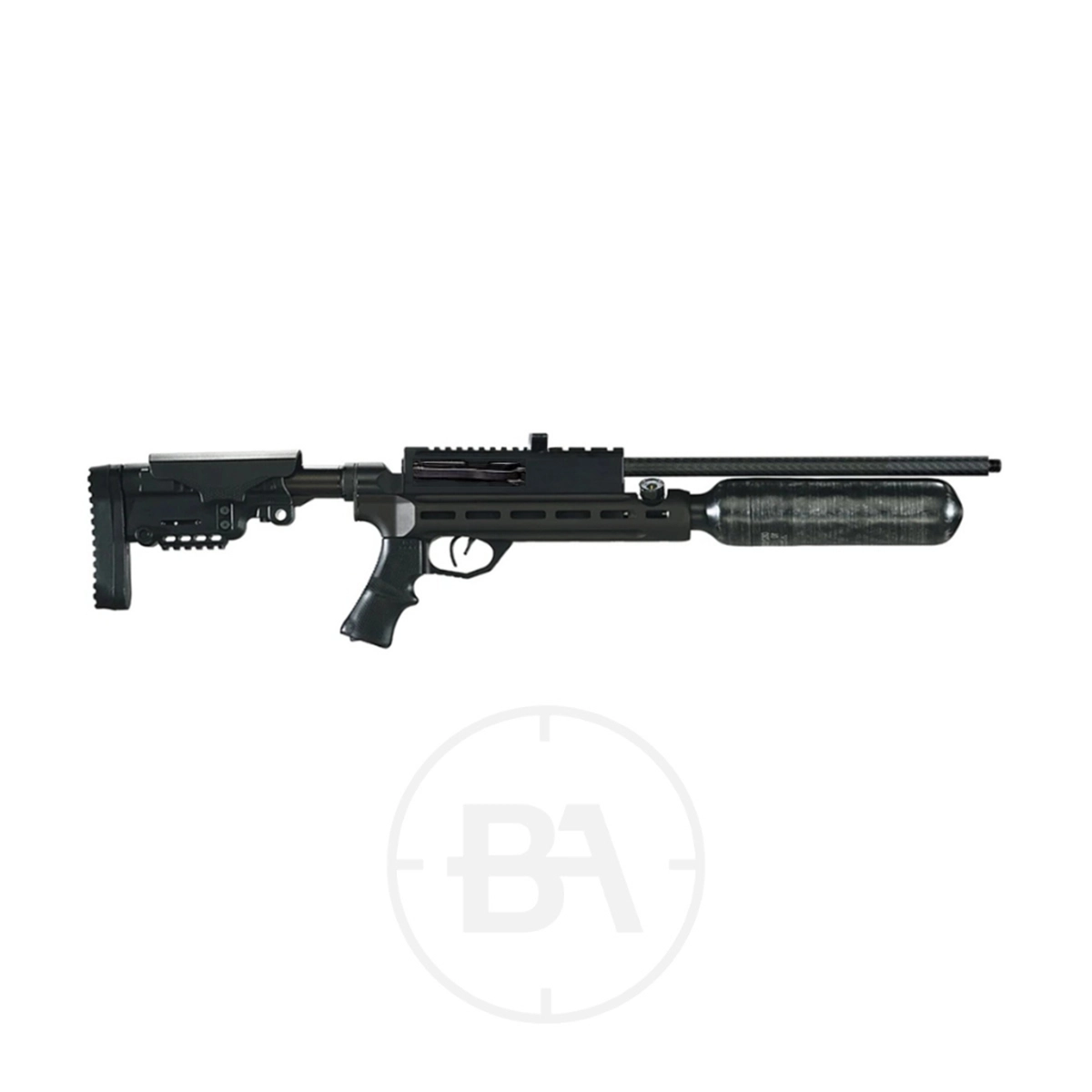 RAW HM1000x Regulated PCP Air Rifle With Hard Case 1 The RAW HM1000x Regulated PCP Air Rifle With Hard Case, featuring an adjustable stock, pistol grip, and large carbon fiber air tank, is shown against a white background.