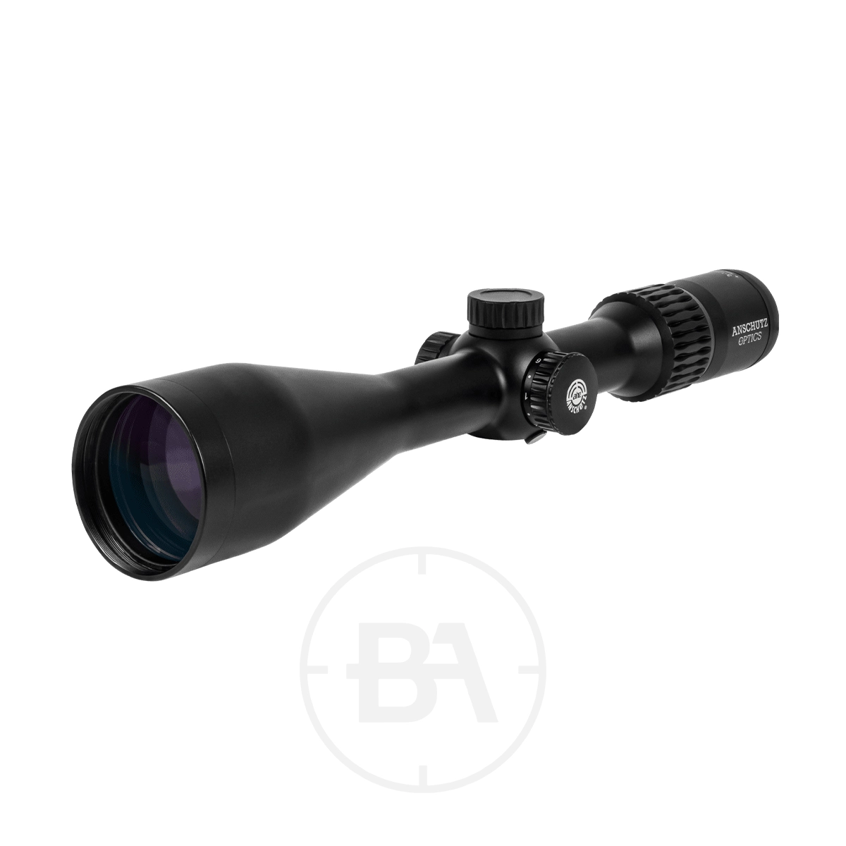 Anschütz Optics Classic Pro 2.5-10x50 SFP Rifle Scope 1 The Anschütz Optics Classic Pro 2.5-10x50 SFP Rifle Scope, finished in black with adjustment knobs and a textured eyepiece, is shown angled against a white background. Its large objective lens enhances precision aiming.
