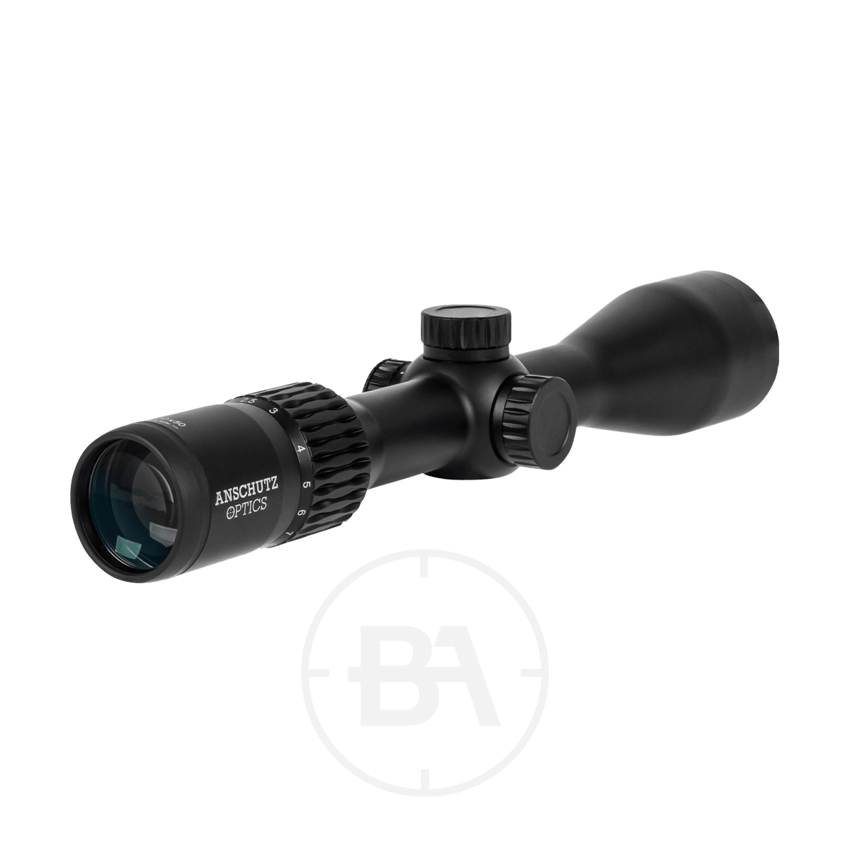 Anschütz Optics Classic Pro 2.5-10x50 SFP Rifle Scope 2 The Anschütz Optics Classic Pro 2.5-10x50 SFP Rifle Scope, in black with adjustment dials and lens, is displayed on a white background.