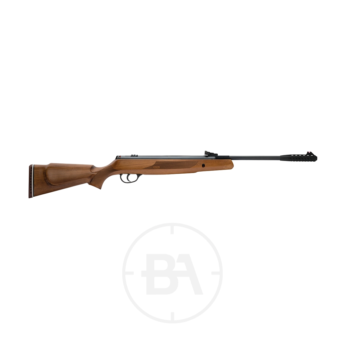 Webley VMX Classic Spring Air Rifle 1 The Webley VMX Classic Spring Air Rifle showcases a long wooden body with a black barrel and precise trigger mechanism, shown in side profile.