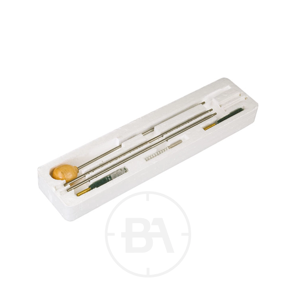 Airgun Cleaning & Maintenance Kit 1 The Airgun Cleaning & Maintenance Kit comes in a white foam tray with metal rods, a small hammer, and assorted attachments for precise airgun maintenance.