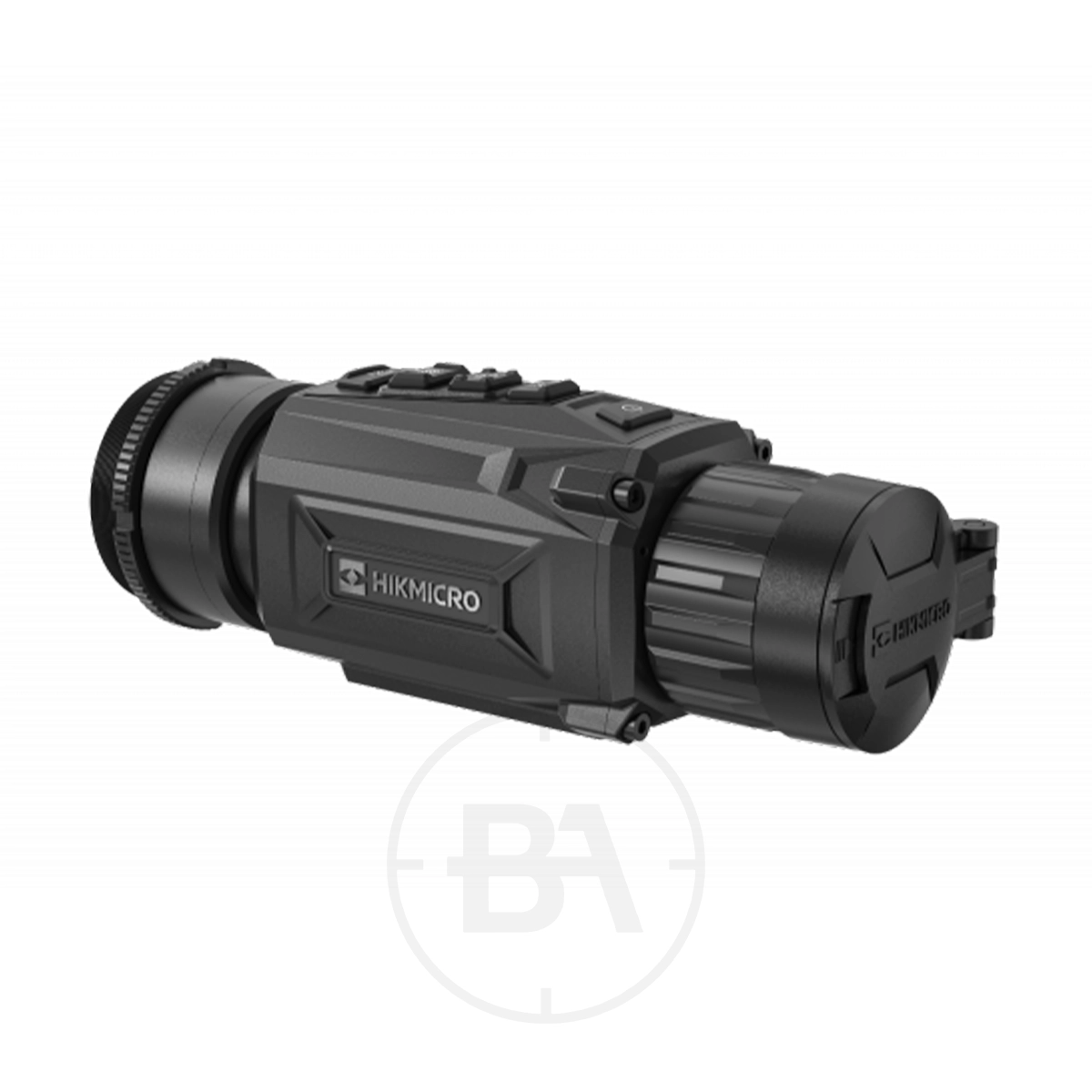HIKMICRO Ultimate Thunder 2.0 TE19C Smart Thermal Clip-On 1 The HIKMICRO Ultimate Thunder 2.0 TE19C Smart Thermal Clip-On in black features a textured grip, labeled branding, and an attached lens cap—ideal for versatile thermal imaging applications.