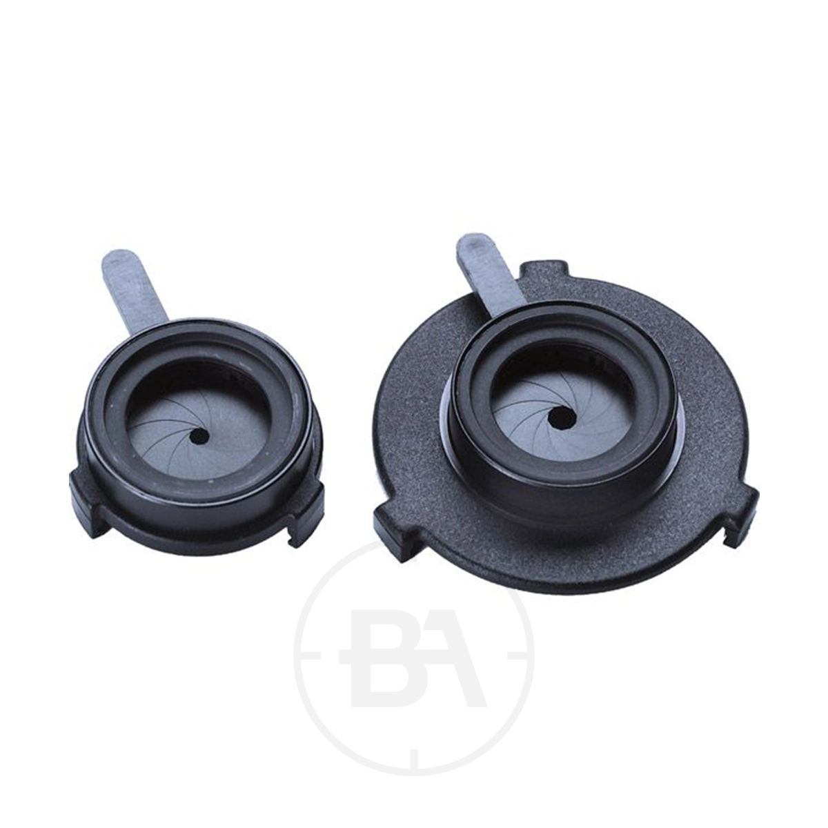 Gehmann Clip-On Irises For Shooting Frames 1 Two black Gehmann Clip-On Irises in different sizes are displayed side by side on a white background.