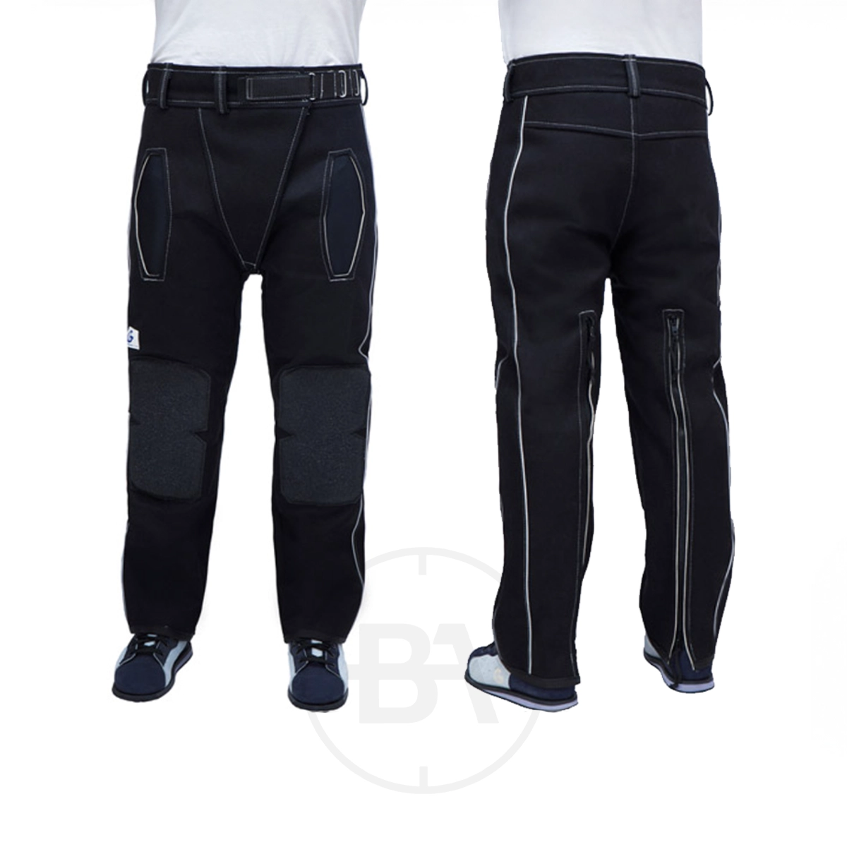 Gehmann Double Canvas Club Trousers 1 Front and back views of a person wearing Gehmann Double Canvas Club Trousers in black with white stitching, shown against a plain white background.
