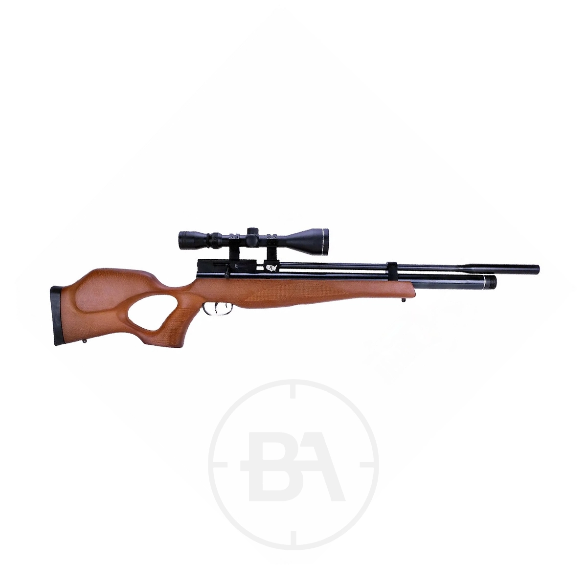 Remington Airacobra PCP Air Rifle With Scope 1 The Remington Airacobra PCP Air Rifle With Scope is shown in profile view with a thumbhole stock, displayed against a white background.