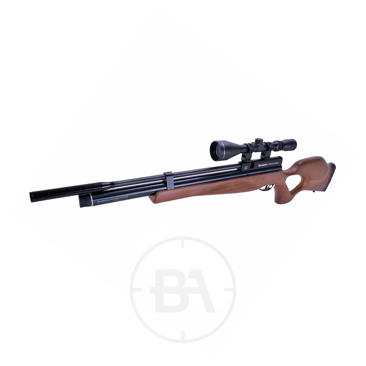 Remington Airacobra PCP Air Rifle With Scope 5 The Remington Airacobra PCP Air Rifle With Scope, featuring a wooden stock and black barrel, is photographed on a plain white background.